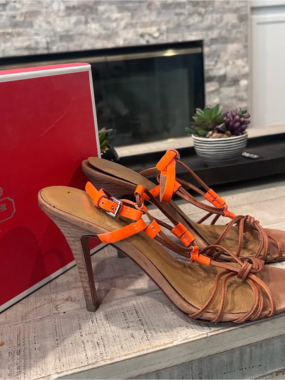 Coach Brown Leather Strappy Heels with Orange Fluorescent Accents